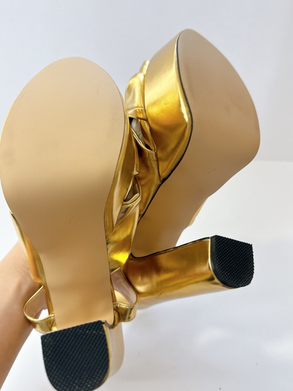 Size 7 FSJ Gold Bow Platform Heels Women’s Metallic Slingback Pumps Party Shoes - Picture 13 of 14